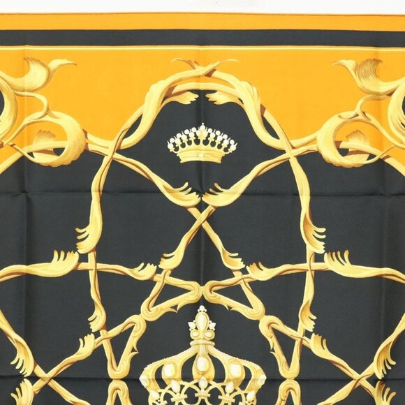 HERMES Carre 90 Scarf Crown Silk Yellow Auth am8845 - Picture 3 of 12